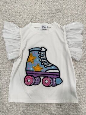 Lola White Girls Roller Skate Tee with Ruffled Sleeves